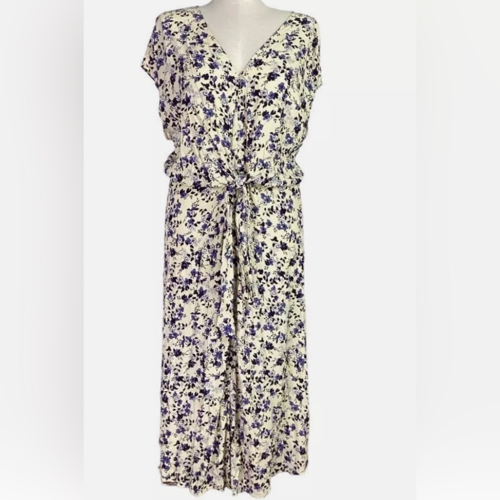 Ellos Plus Size Floral Tie Front Maxi Dress Yellow Blue Rayon Cap Sleeves Sz 20W